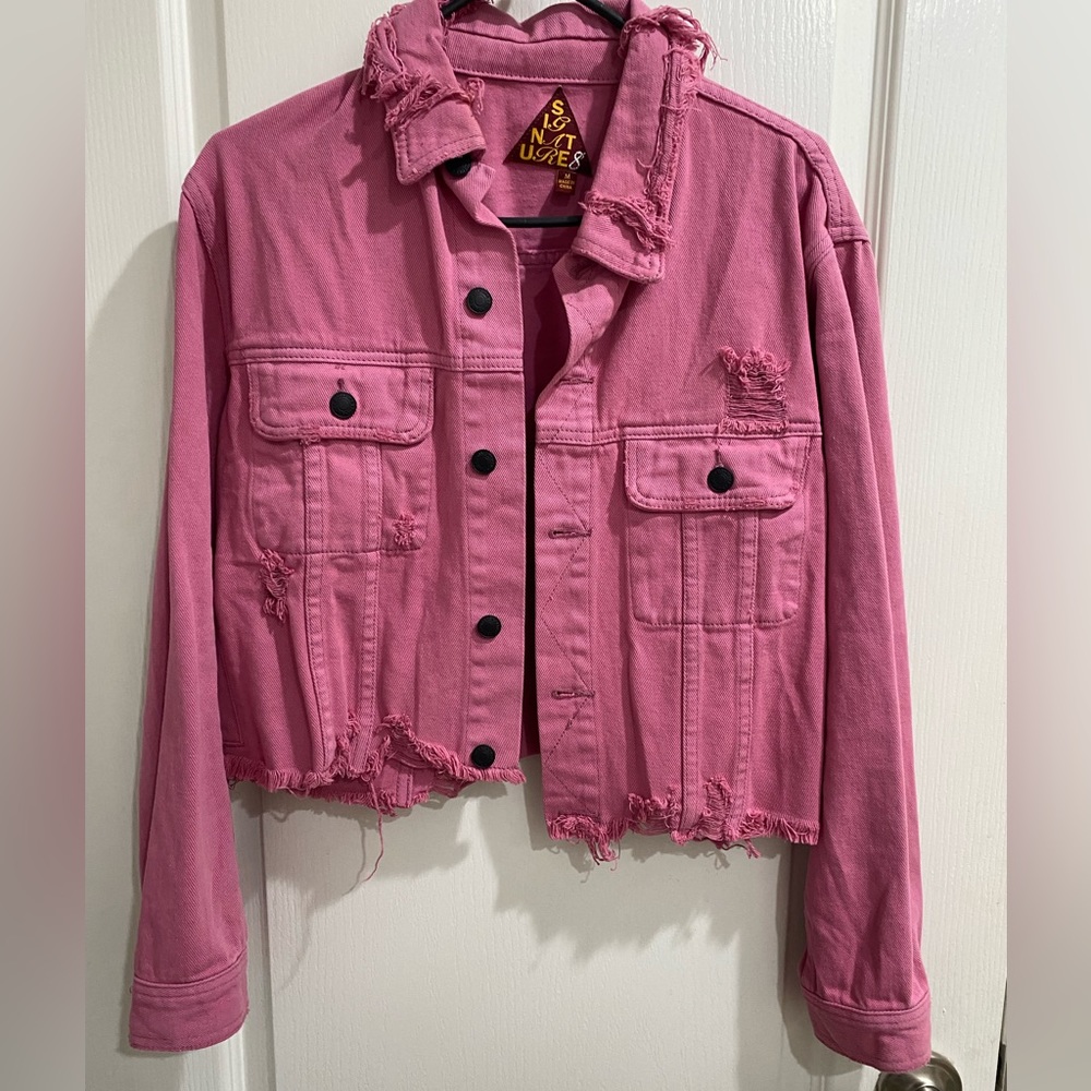 Pink Distressed Denim Jacket